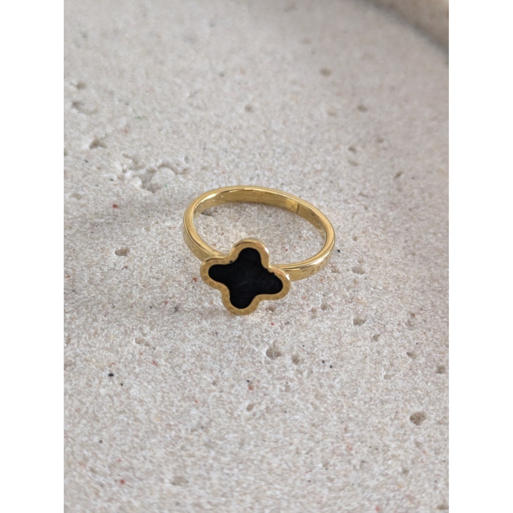 Dainty Clover Ring Size 9 In Gold Tone With Black Center Minimalist Couture